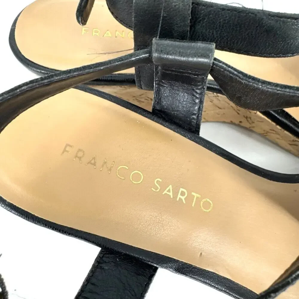 Franco Sarto Corridor Leather‎ T-Strap Cork Wedge Sandals Black Size 7.5